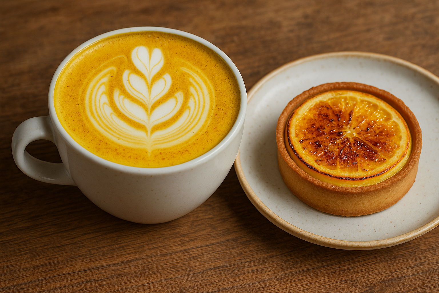 Golden latte with citrus brulee tart